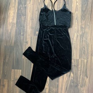 Black Velvet Lace-Detail Jumpsuit